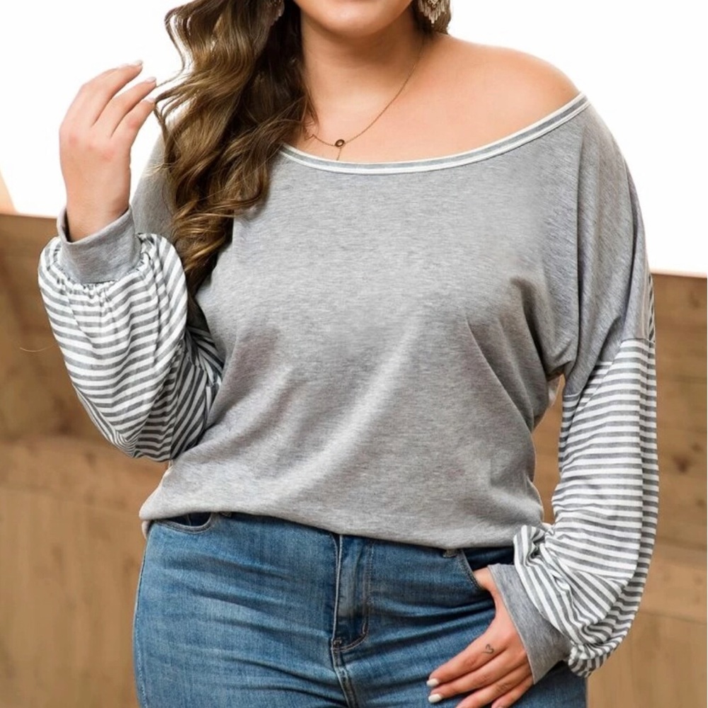 PLUS gray white contrast striped drop shoulder tee - Picture 2 of 5